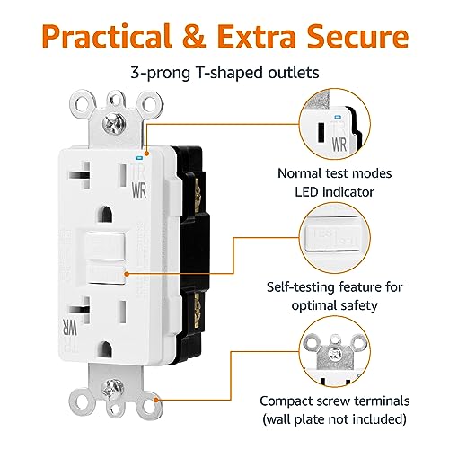 Amazon Basics Weather-Resistant Tamper-Resistant GFCI Receptacle with LED Indicator, Self-Test Feature, Ground Fault Circuit Interrupter for Indoor or Outdoor Use, 20 Amp, White view 2