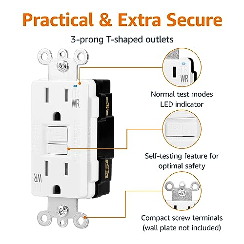 Amazon Basics Weather-Resistant Tamper-Resistant GFCI Receptacle with LED Indicator, Self-Test, Ground Fault Circuit Interrupter for Indoor or Outdoor Use, 15 Amp, White view 2