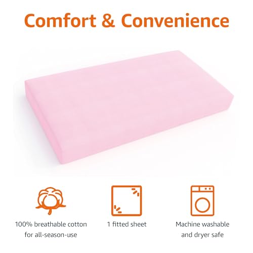 Amazon Basics 100% Cotton Jersey Knit Fitted Crib Sheet for Boys and Girls, fits Standard Crib and Toddler Mattress, Breathable, Super Soft, 28 x 52 Inches, Pink