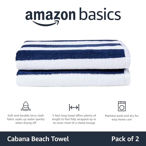 Amazon Basics 100% Cotton Soft & Absorbent Beach Towels, Cabana Stripe, Fast Drying, Machine Washable, Large 30 in x 60 in, Navy Blue, 2-Pack view 2
