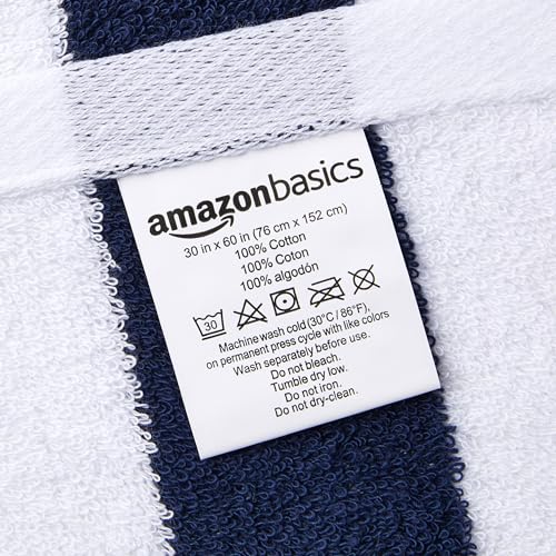 Amazon Basics 100% Cotton Soft & Absorbent Beach Towels, Cabana Stripe, Fast Drying, Machine Washable, Large 30 in x 60 in, Navy Blue, 2-Pack view 3