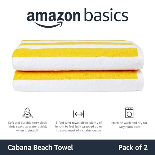 Amazon Basics 100% Cotton Terry Cabana Stripe Pool & Beach Towels, Soft & Absorbent, Large, 2-Pack, Yellow, 30" x 60"