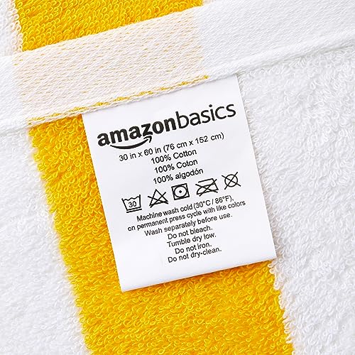 Amazon Basics 100% Cotton Terry Cabana Stripe Pool & Beach Towels, Soft & Absorbent, Large, 2-Pack, Yellow, 30" x 60"
