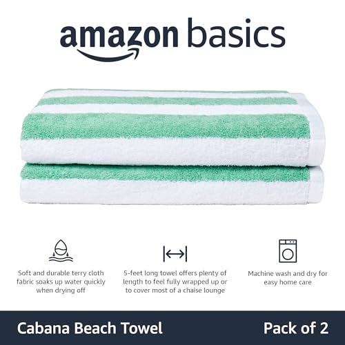 Amazon Basics 100% Cotton Terry Cabana Stripe Pool & Beach Towel, Soft & Absorbent, Quick Drying, Large, 2-Pack, Green, 30" x 60"
