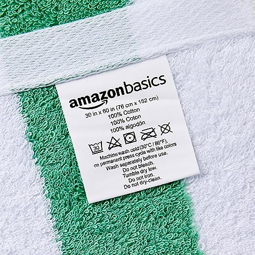 Amazon Basics 100% Cotton Terry Cabana Stripe Pool & Beach Towel, Soft & Absorbent, Quick Drying, Large, 2-Pack, Green, 30" x 60"
