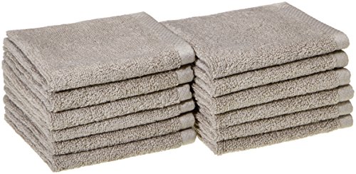 Amazon Basics 100% Cotton Washcloths, Quick-Dry, 12" x 12", Platinum, 12-Pack