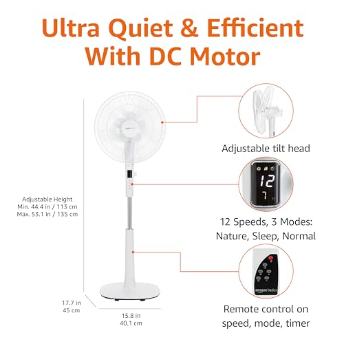 Amazon Basics 16" DC Motor Fan, 12 Speed Fan with Remote, Floor Fan, Standing Fan with 3 Breeze Modes, Dual-Layered Blades (10 Blades), Timer, Energy Efficiency and Quiet DC Motor (28W), White