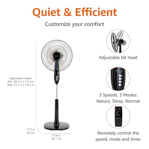 Amazon Basics 16" Pedestal Fan with Remote, Floor Fan, Standing Fan for Bedroom, Living Room, Office, with 3 Speeds, 3 Modes, Timer, Dual-Layered Blades, Adjustable Height, Tilt Head, 60W, Black