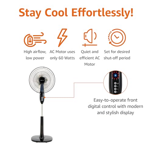 Amazon Basics 16" Pedestal Fan with Remote, Floor Fan, Standing Fan for Bedroom, Living Room, Office, with 3 Speeds, 3 Modes, Timer, Dual-Layered Blades, Adjustable Height, Tilt Head, 60W, Black