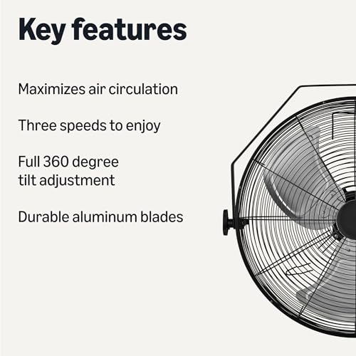 Amazon Basics 18" Indoor Wall-Mounted Fan, Industrial Fan, With Tilt Head, Heavy-Duty Metal Blades, 3 Speeds Up to 1550 RPM and 3781 CFM, For Warehouse, Basement, Commercial Space, Black