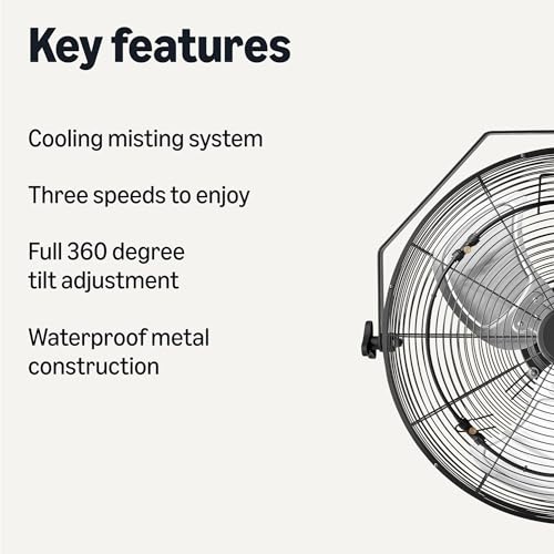 Amazon Basics 18" Outdoor Heavy-Duty Misting Fan, Wall-Mounted, Industrial, Waterproof (IP44), With Tilt Head, Metal Blades, Dual Ball Bearing Motor, 3 Speeds Up to 1550 RPM and 3781 CFM, Black view 2