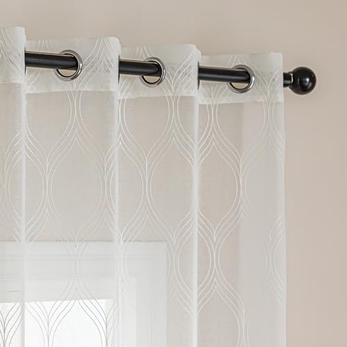 Amazon Basics 2-Piece Embroidery Sheer Curtain Set, Light Filtering Hollow Drapes for Living Room and Bedroom, 52" W × 95" L, White Classic Waves view 2
