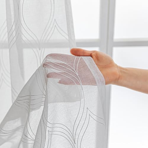 Amazon Basics 2-Piece Embroidery Sheer Curtain Set, Light Filtering Hollow Drapes for Living Room and Bedroom, 52" W × 95" L, White Classic Waves view 3