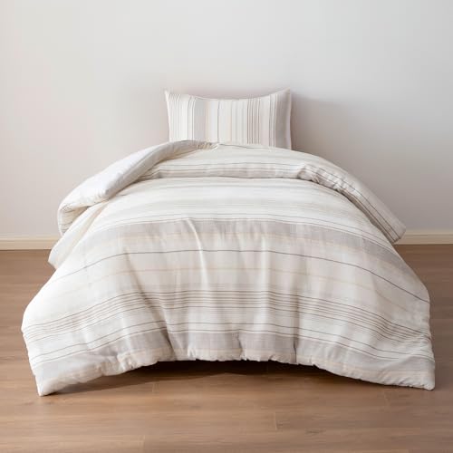 Amazon Basics 2-Piece Jacquard Microfiber Comforter and Pillow Sham Set, All-Season Bedding Set, Beige Striped, Twin