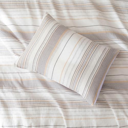 Amazon Basics 2-Piece Jacquard Microfiber Comforter and Pillow Sham Set, All-Season Bedding Set, Beige Striped, Twin