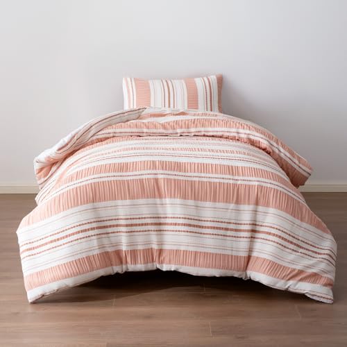 Amazon Basics 2-Piece Jacquard Microfiber Comforter and Pillow Sham Set, All-Season Bedding Set, Pink Striped, Twin