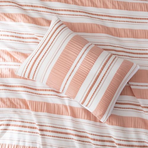 Amazon Basics 2-Piece Jacquard Microfiber Comforter and Pillow Sham Set, All-Season Bedding Set, Pink Striped, Twin