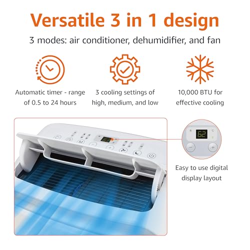 Amazon Basics 3-In-1 Portable Air Conditioner with Remote, Timer, Sleep Mode, Auto Swing, Dehumidifier, 10000 BTU (ASHRAE)/6000 BTU (SACC), Cools Bedroom Up to 450 Sqf, White view 3