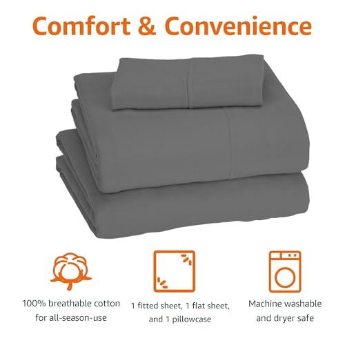 Amazon Basics 3 Piece Bed Sheet Set, 100% Cotton Jersey, Includes Super Soft, Flat and Fitted Sheets, Pillowcase, Toddler, Dark Gray, Solid