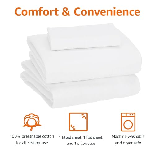 Amazon Basics 3 Piece Bed Sheets Set, 100% Cotton Jersey, Includes Super Soft, Flat and Fitted Sheets, Pillowcase, Toddler, White, Solid