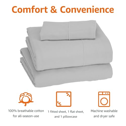 Amazon Basics 3 Piece Bed Sheets Set, 100% Cotton Jersey, Includes Super Soft, Flat and Fitted Sheets, Pillowcase, Toddler, Light Gray, Solid