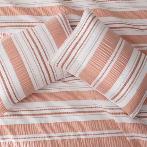 Amazon Basics 3-Piece Jacquard Microfiber Comforter and Pillow Sham Set, All-Season Bedding Set, Pink Striped, Full