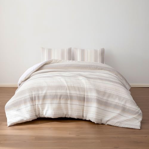 Amazon Basics 3-Piece Jacquard Microfiber Comforter and Pillow Sham Set, All-Season Bedding Set, Beige Striped, Full
