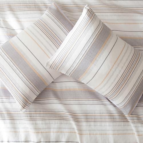 Amazon Basics 3-Piece Jacquard Microfiber Comforter and Pillow Sham Set, All-Season Bedding Set, Beige Striped, Full
