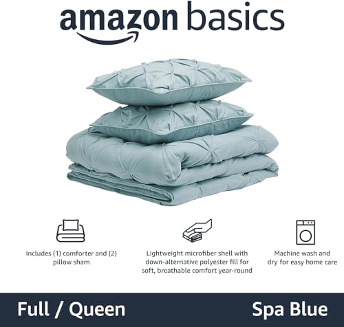 Amazon Basics 3-Piece Soft, Lightweight All-Season Down-Alternative Comforter Bedding Set, Pinch Pleat Design with Piped Edges, Full/Queen, Spa Blue view 2
