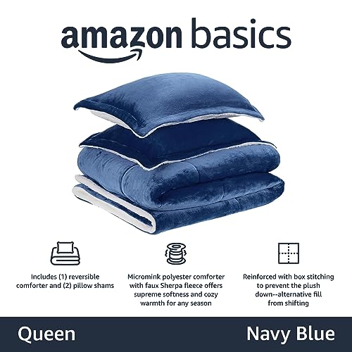 Amazon Basics 3-Piece Ultra-Soft Micromink Sherpa Comforter Bedding Set, Warm All Season, Machine Washable, Full/Queen, Navy Blue view 2