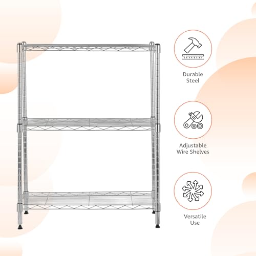 Amazon Basics 3-Shelf Adjustable Heavy Duty Steel Wire Rack Storage Shelving Organizer for Kitchen, Garage, 23.2" L x 13.4" W x 30" H, Chrome