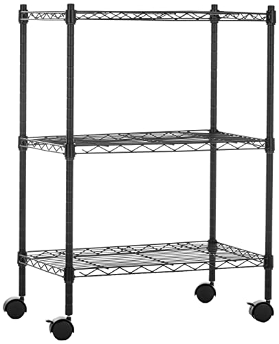 Amazon Basics 3-Shelf Adjustable, Heavy Duty Storage Shelving Unit on 2'' PP Plastic Wheel Casters, Metal Organizer Wire Rack, 23.2" L x 13.4" W x 32.75" H, Black