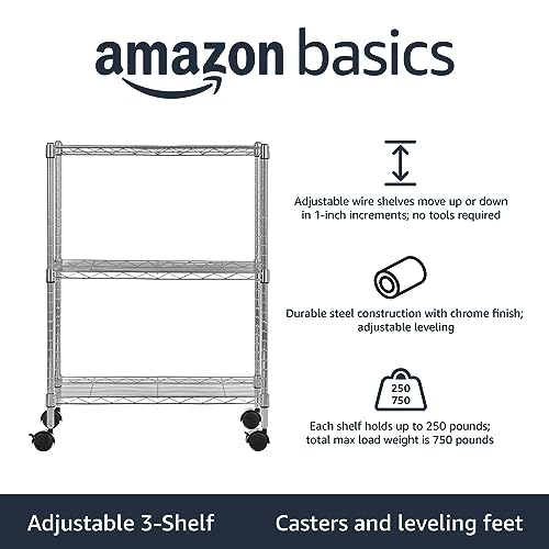 Amazon Basics 3-Shelf Adjustable, Heavy Duty Storage Shelving Unit on 2'' PP Plastic Wheel Casters, Metal Organizer Wire Rack, 23.2" L x 13.4" W x 32.75" H, Chrome