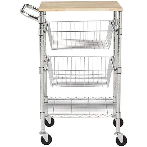 Amazon Basics 3-Tier Metal Basket Rolling Cart with Wood Top, Silver