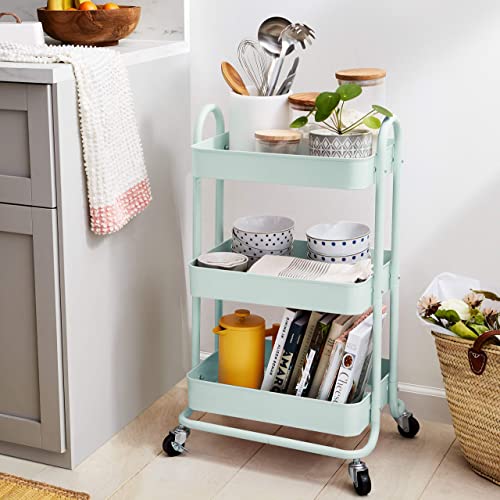 Amazon Basics 3-Tier Metal Rolling Utility Cart, Storage Organizer, Multi-Functional Kitchen Island Cart, Portable Shelving Unit with Caster Wheels, Mint Green view 2