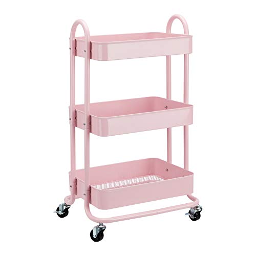 Amazon Basics 3-Tier Rolling Utility or Kitchen Cart, Lockable Wheels, Multifunctional Storage, Dusty Pink