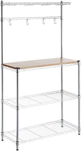 Amazon Basics 3 Tier Sturdy Baker's Rack with Kitchen Storage, Storage Shelf, Utility Storage, Removable Top, Hanging Bar, 14" x 35.83" x 63.31", Wood/Chrome
