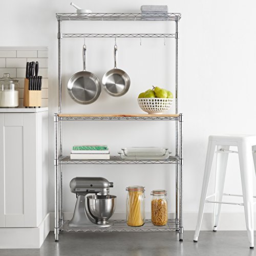 Amazon Basics 3 Tier Sturdy Baker's Rack with Kitchen Storage, Storage Shelf, Utility Storage, Removable Top, Hanging Bar, 14" x 35.83" x 63.31", Wood/Chrome view 2