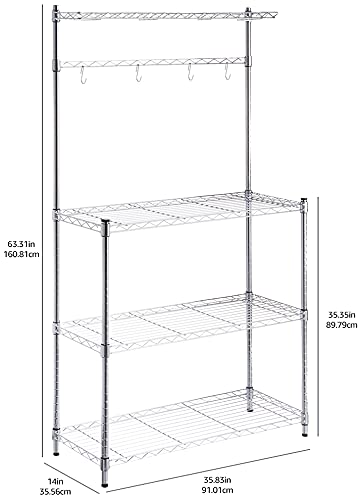 Amazon Basics 3 Tier Sturdy Baker's Rack with Kitchen Storage, Storage Shelf, Utility Storage, Removable Top, Hanging Bar, 14" x 35.83" x 63.31", Wood/Chrome view 3