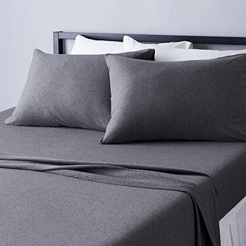 Amazon Basics 4 Piece Breathable 100% Cotton Jersey Bed Sheets Set, Machine Washable, Stretchy Flat and Fitted Sheets, Pillowcase, King, Dark Gray, Solid