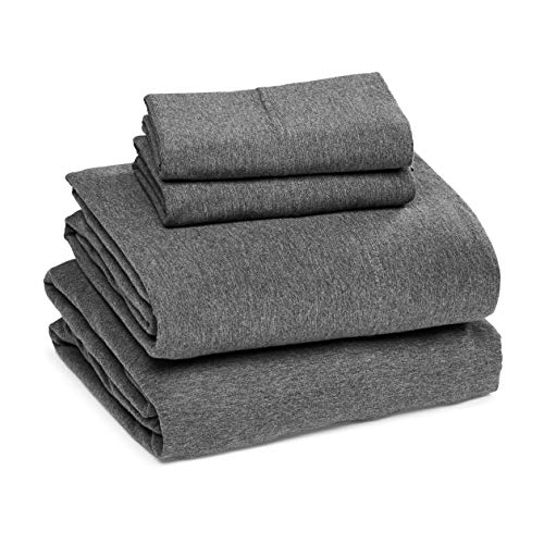 Amazon Basics 4 Piece Breathable 100% Cotton Jersey Bed Sheets Set, Machine Washable, Stretchy Flat and Fitted Sheets, Pillowcase, King, Dark Gray, Solid view 2