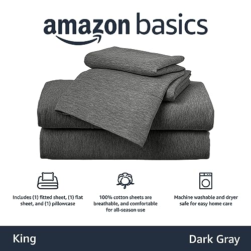 Amazon Basics 4 Piece Breathable 100% Cotton Jersey Bed Sheets Set, Machine Washable, Stretchy Flat and Fitted Sheets, Pillowcase, King, Dark Gray, Solid view 3