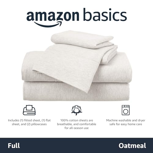 Amazon Basics 4 Piece Breathable 100% Cotton Jersey Knit Sheet Set, Stretchy Lightweight, Includes Flat and Fitted Sheets, Pillowcase, Full, Oatmeal view 3