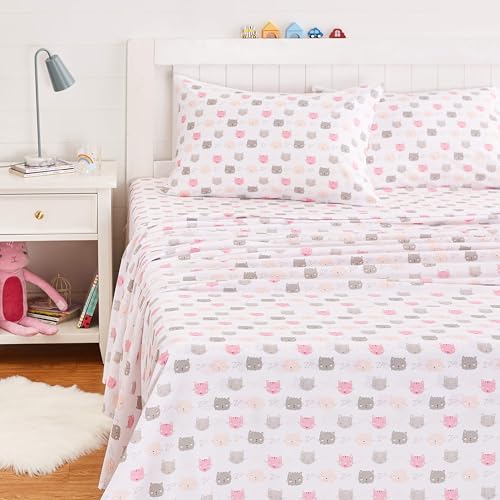 Amazon Basics 4 Piece Kid's Soft Easy-Wash Lightweight Microfiber Sheet Set, Full, Pink Kitties, Animal Print