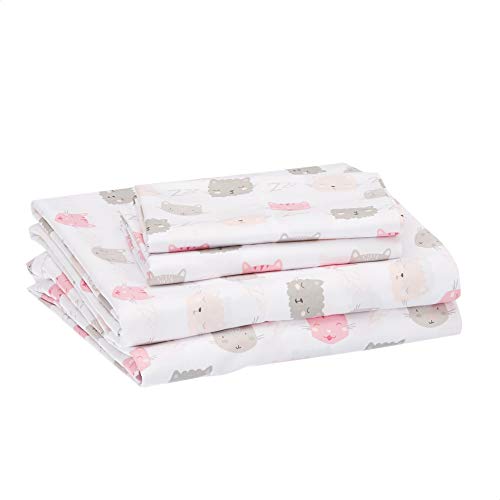 Amazon Basics 4 Piece Kid's Soft Easy-Wash Lightweight Microfiber Sheet Set, Full, Pink Kitties, Animal Print
