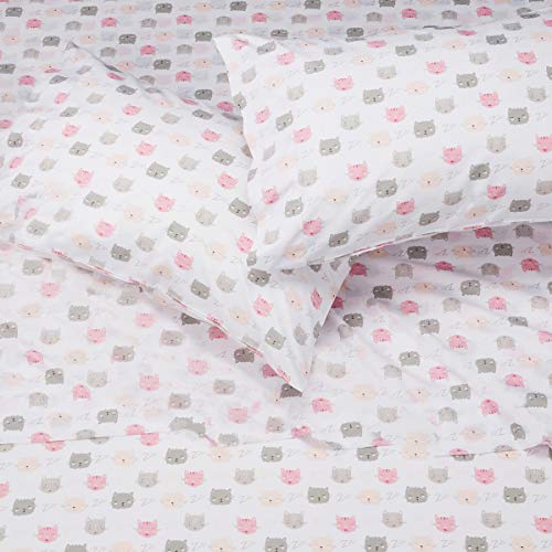 Amazon Basics 4 Piece Kid's Soft Easy-Wash Lightweight Microfiber Sheet Set, Full, Pink Kitties, Animal Print