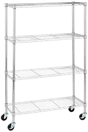 Amazon Basics 4-Shelf Adjustable, Heavy Duty Storage Shelving Unit with Wheels for Easy Assembly, for Garage or Kitchen Use, Metal Organizer Wire Rack, 36" L x 14" W x 57.8" H, Chrome