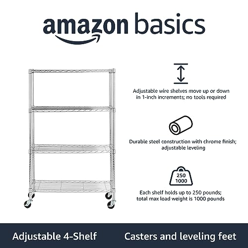 Amazon Basics 4-Shelf Adjustable, Heavy Duty Storage Shelving Unit with Wheels for Easy Assembly, for Garage or Kitchen Use, Metal Organizer Wire Rack, 36" L x 14" W x 57.8" H, Chrome