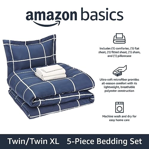Amazon Basics 5-Piece Lightweight Microfiber Comforter Set with Sheets, Bed-in-a-Bag, Navy with Grey Plaid Bedding, Twin/Twin XL view 2
