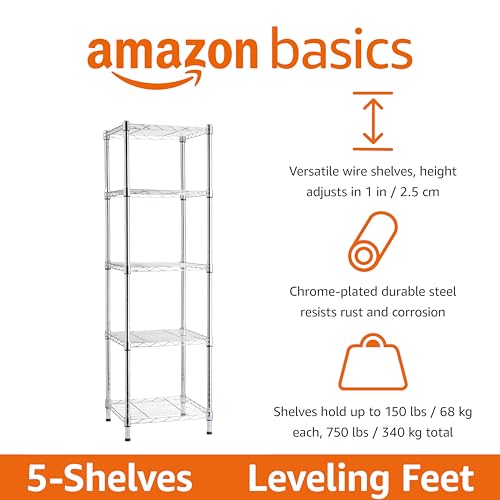 Amazon Basics 5-Shelf Tower Adjustable Storage Shelving Unit, Chrome, 16 D x 16 W x 54 H in